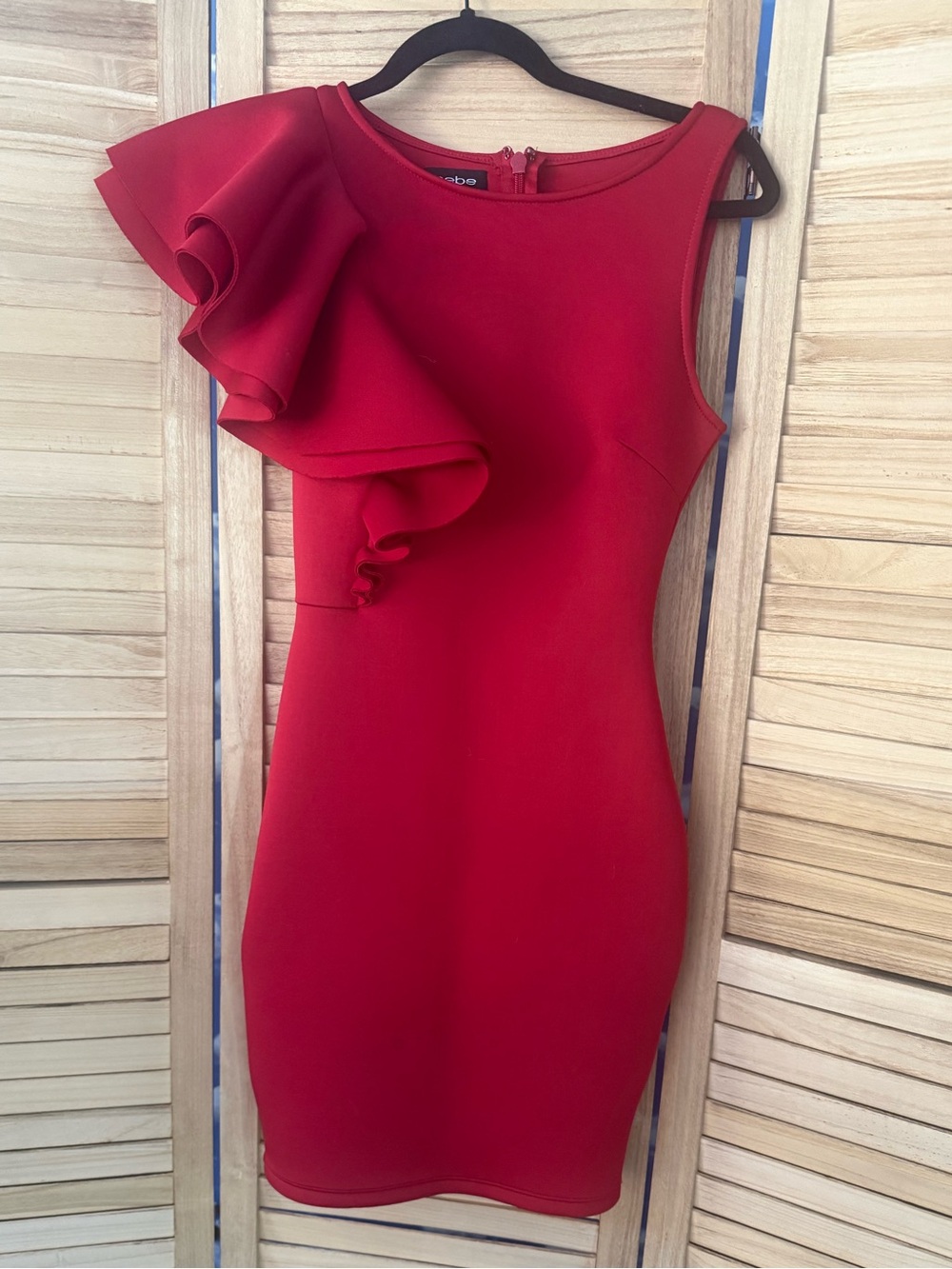 BEBE Red Scuba Bodycon Dress w/ Ruffle